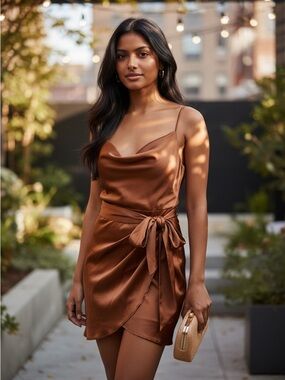 Hello Molly Copper Satin Style Slip Dress with Waist Tie Size 4 or S Wedding